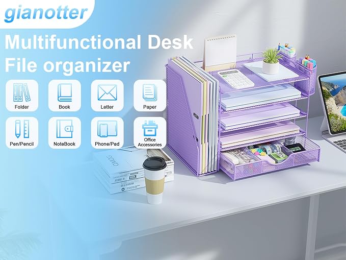 gianotter 5-Tier Desk Organizer with Drawers, File Holders, Letter Trays and Pen Holders - Workspace Accessories for Office Supplies (Light Purple)