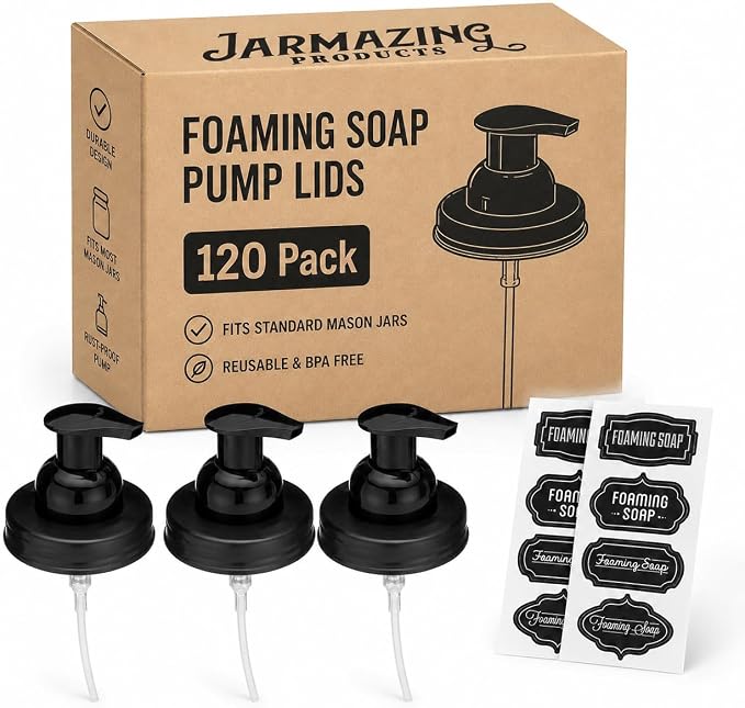 Jarmazing Products Mason Jar Foaming Soap Dispenser Lids - Includes Waterproof Stickers! Black - 120 Bulk Pack
