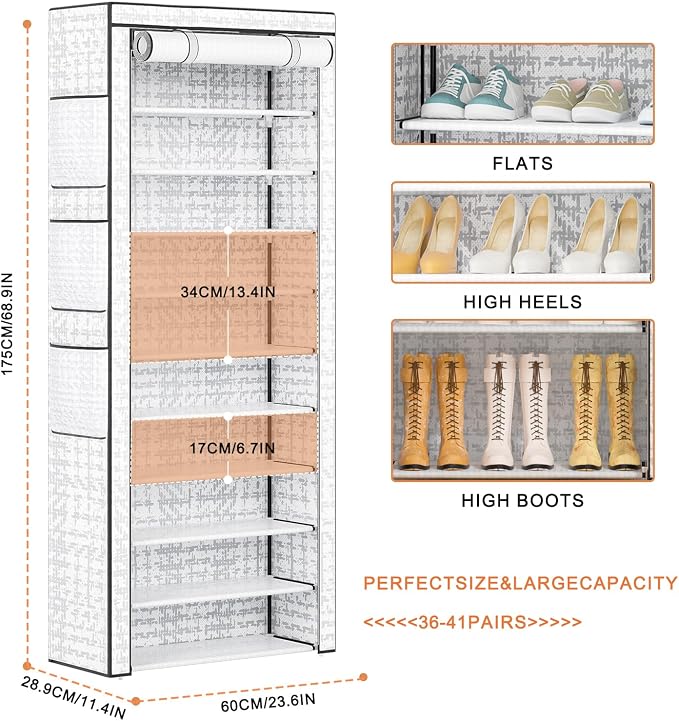 OYREL Shoes Rack 10 Tier Tall Shoe Rack with Storage Pockets, Fabric Covered Shoe Racks,Metal Shoes Rack Organizer for Closets,Bedroom, Garage