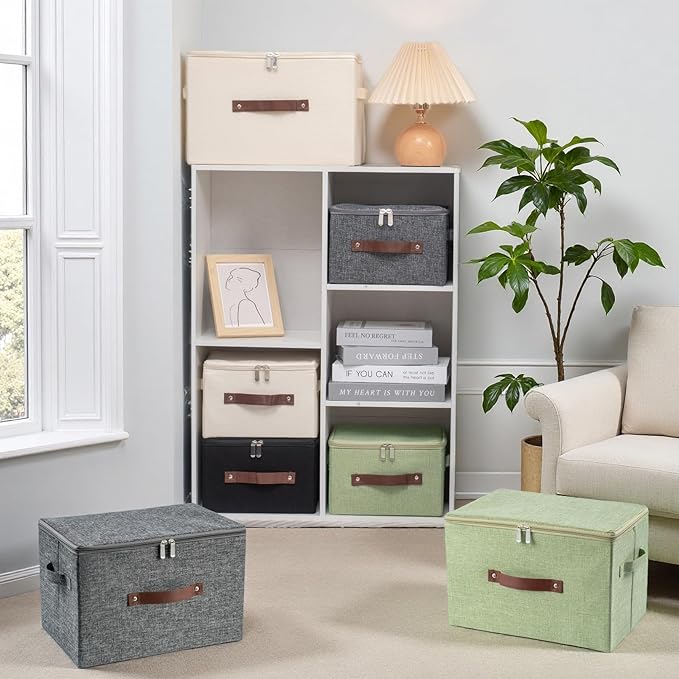 Storage Bins with Zipper Lid Foldable Fabric Lidded Storage Boxes Baskets Cubes Washable Collapsible PU Leather Handle Cotton Linen Fabric Shelf Closet Organizer Container(Gray, Large Size)