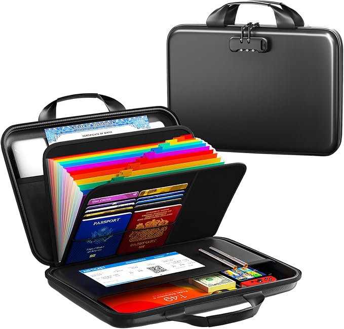 Fireproof Document Organizer with Lock, Rigid EVA File Box with 13-Pocket Accordion Folder for Important Documents & Tablets under 11", Lightweight Safe Storage for Home, Office & Travel (Small Size)