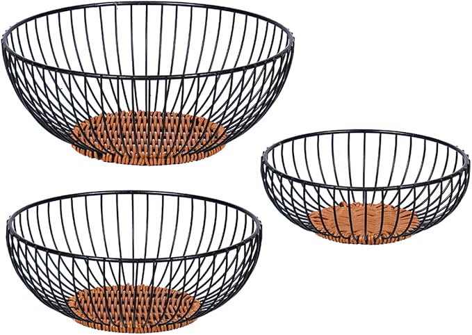 Set of 3 Stackable Metal Mesh Fruit Basket Bowl, Round Rust-Proof Breathable Wire Storage Organizer, Non-Slip Decorative Produce Holder for Kitchen Countertop, Store Fruits Veggies Snacks, Black