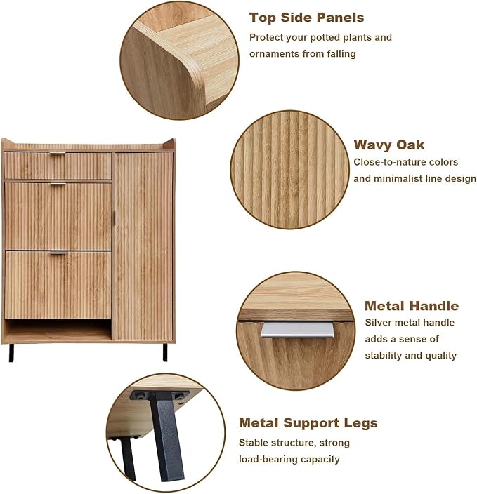 GarveeHome Narrow Wave Pattern Shoe Storage Cabinet with 2 Flip Down Drawers, Freestanding Entryway Shoe Organizer with Adjustable Inner Shelves & Metal Legs for Hallway Bedroom Small Spaces