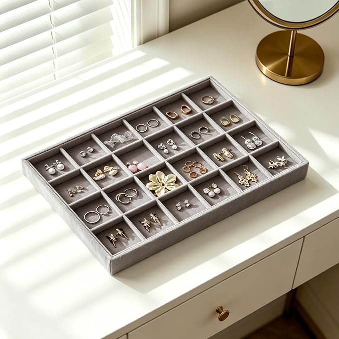 Large Stackable Jewelry Tray 4 Pack Velvet Jewelry Display Drawer Inserts Trays Organizer for Earring Bracelet Necklace Ring (Gray, 24 Grids)