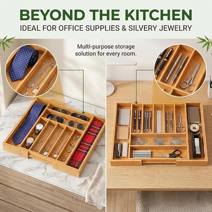 FUSHITON Expandable Bamboo Knife Storage Box, 9 Compartments, Adjustable Drawer Divider for Kitchen