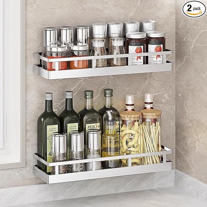2PCS Kitchen Spice Rack, SUS304 Stainless steel Wall Mount Storage Rack, Seasoning Container, 15.7Inch Spice Organizer, Kitchen Seasoning Hanging Rack, Bathroom Shelf for Storing Toiletries