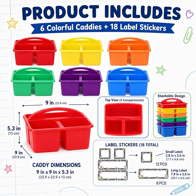 6 Pack Colorful Classroom Caddy Organizer with Composition Notebook Label Stickers 3 Compartments Teacher Supply Storage Caddy Table Caddies Holder for Classroom Desk Office Craft Art School Supplies