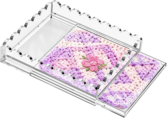 Scalloped Acrylic Tray for Needlepoint, 10" x 12" Clear Acrylic Display Tray with Slide Out Drawer for Insert Photos, Art, Fabric, Acrylic Organizer Decorative Tray for Home Decor