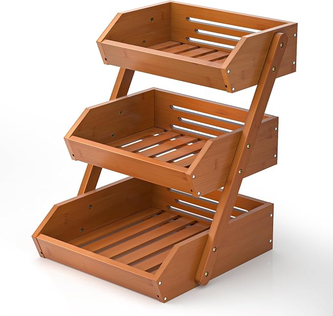 G.a HOMEFAVOR 3-Tier Fruit Basket for Kitchen Counter, Brown, Self-assembly | Bamboo Fruit Bowl, Vegetable Storage and Home Organizer, 15 mm Thickness