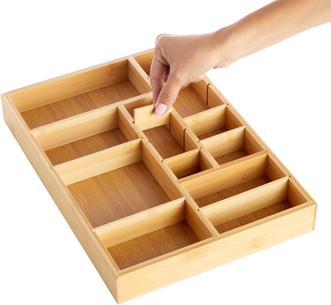 Juvale Drawer Organizer Tray - 8-Slot Drawer Divider for Utensils - Versatile Silverware Holder - Desk Tray for Office Supplies - 14 x 10 x 2 in, Brown, Bamboo