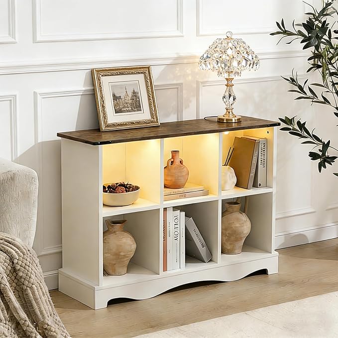 6 Cube Storage Organizer Bookcase, Long Horizontal Wood Bookshelf with Open Compartments, Multi-Purpose Cube Shelf, Hallway TV Stand for Living Room, Bedroom, Entryway, White