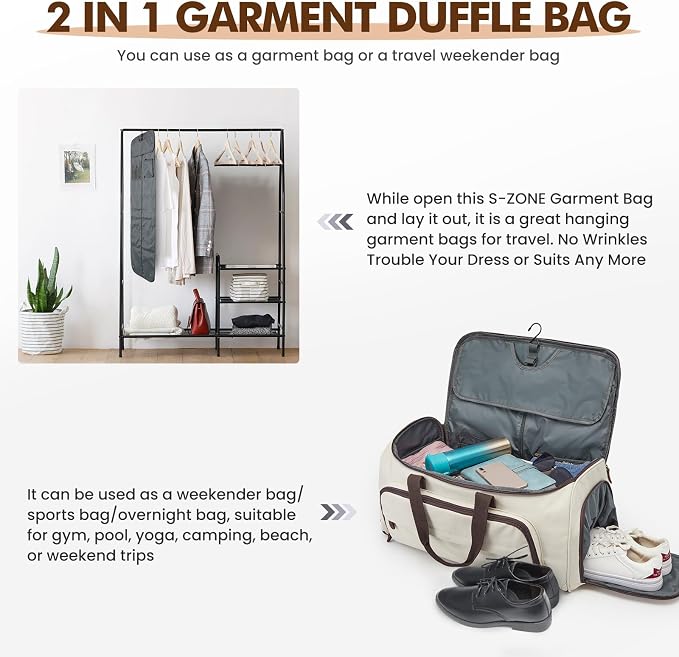 S-ZONE Garment Bag for Travel Convertible Duffle Bag Suit Bag for Men Women | 2-in-1 Hanging Suitcase, with Toiletry Bag, Wet/Dry Pockets, Shoe Compartment, Trolley Sleeve, Carry-on size, Beige