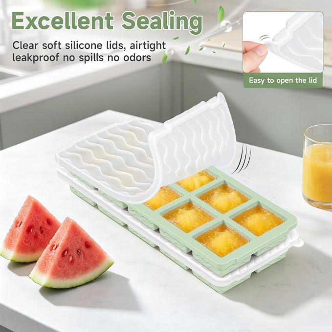 Ice Cube Tray with Lid (4-Pack), 2 Tbsp Large Silicone Freezer Molds, Perfect for Coffee Whiskey Cocktail Ice Making, Stackable Freezer Containers for Storing Sauce, Garlic, Herbs, Ginger