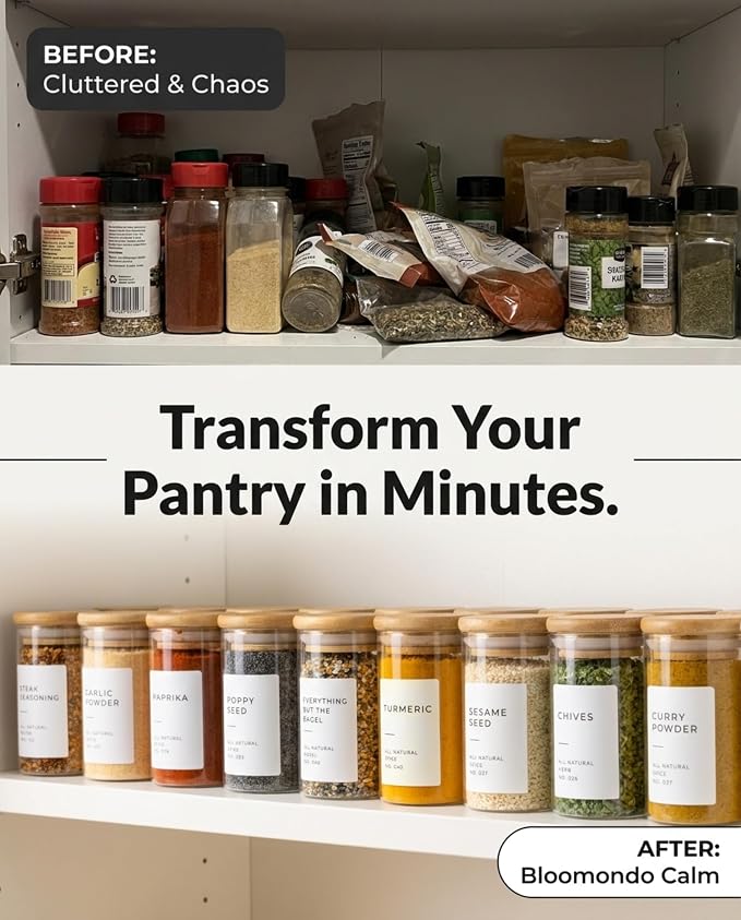 Bloomondo Glass Spice Jars with Label Pack (12x Bamboo Lid Glass Jar) Small 6oz Empty Spice Storage Bottles with 112 Printed Stickers and 48 Writable Pantry Labels for Seasoning Containers