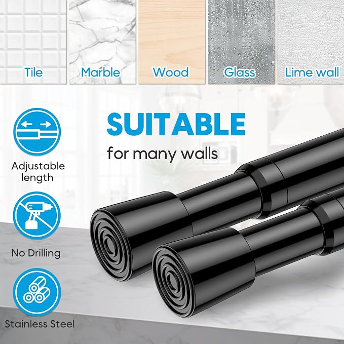 AIZESI 2 Pack Adjustable Tension Curtain Rod 32 to 58 inch, Curtain Rods No Drilling Expandable Spring Loaded Curtain Rods for Windows Doors, Black