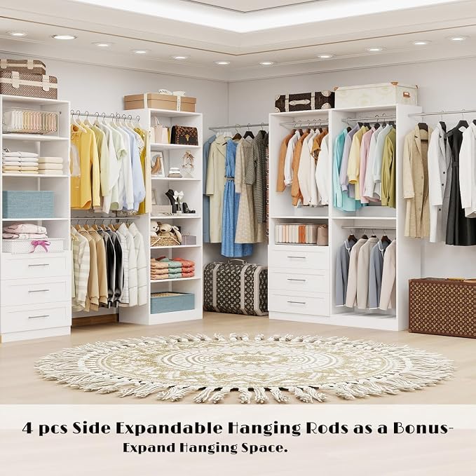 Closet System with 4 Sets, 8-21FT Closet Organizer Systems with 6 Drawers & 7 Hanging Rods & Adjustable Shelves, Walk in Closet Standalone Closet System Modular Closet System Set White