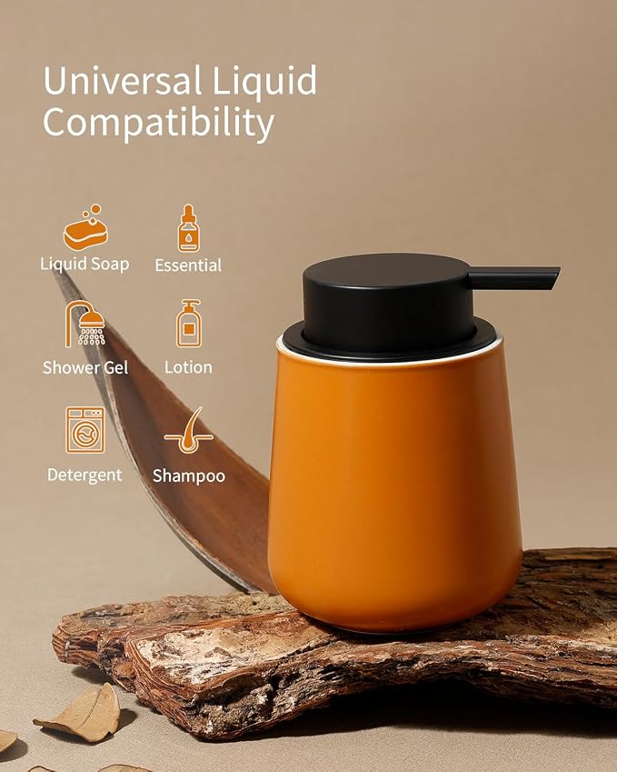 Bosilunlife 12Oz Ceramic Foam Soap Dispenser for Bathroom Kitchen Counter | Premium countertop foam pump creates delicate dense foam, stable desktop placement, Orange