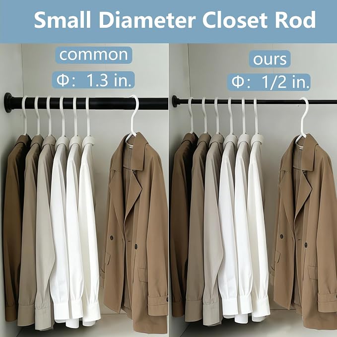 TYRON Mini Thin Skinny Smallest Closet Rods for Hanging Clothes, 1/2" Diameter,12 to 18 In. Adjustable Slim Closet Rod, Metal Closet Bar Hanging Rods for Baby Kids Closet, Small Space (White,2 Pcs)