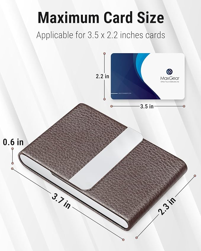MaxGear Business Card Holder, PU Leather Business Card Case, Coffee | Stainless Steel Interior, Magnetic Closure, RFID Blocking, Holds 15–25 Standard Business Cards