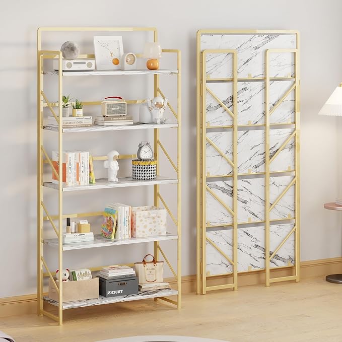 JSB 6 Tier No Assembly Folding Bookshelf, 30.3" Wide Foldable Storage Bookcase for Home Office, Space-Saving Storage Shelf for Living Room (White&Gold)