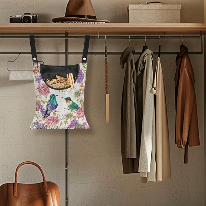 Hummingbird Clothespin Storage Hanger Bags Hydrangea Laundry Clothespin Bag, Clothespin Bag with a Large Opening, Hanging Storage Organizer with Hanging Rope for Home Outdoor