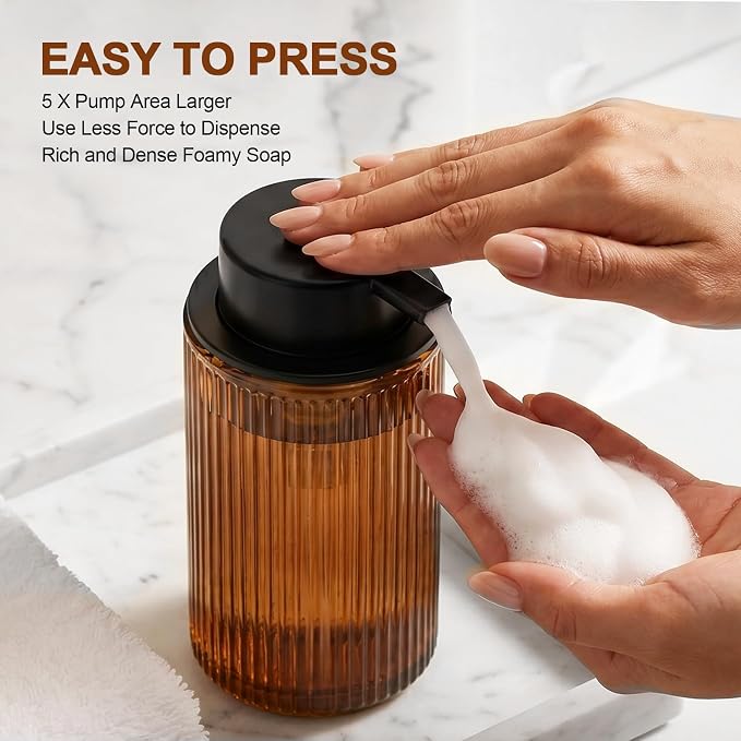 KASUNTING Foaming Soap Dispenser, Amber Glass Foam Hand Soap Dispenser for Bathroom, 11 Fl Oz Ribbed Refillable Foaming Pump Bottle with Black Pump, Modern Dish Soap Foam Dispenser