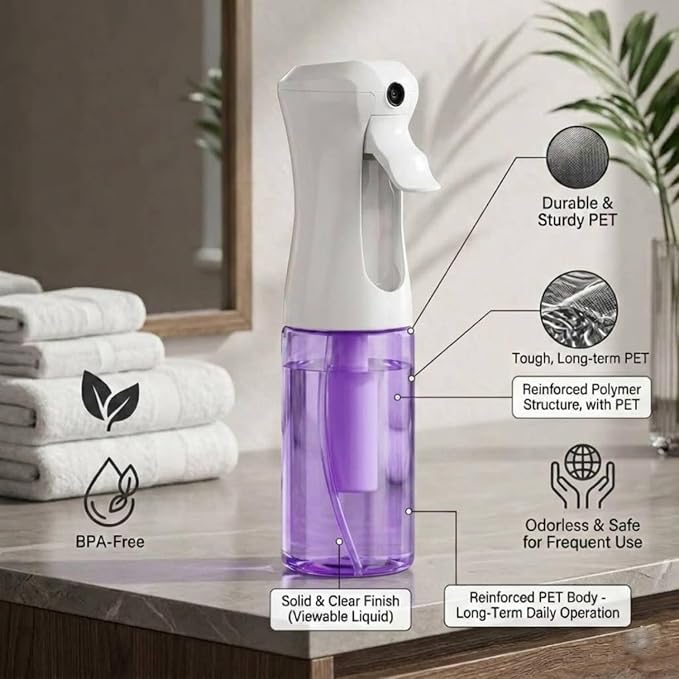 VIGOR PATH Continuous Mist Purple Spray Bottle 200ml Fine Mist for Hair | Aerosol Free Reduces Hand Fatigue Salon Refillable Lightweight Cleaning