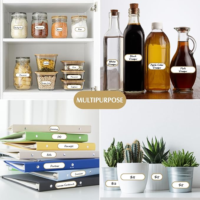 192pcs Labels for Jars with Marker,Waterproof Bottle Labels Removable Write-On Kitchen Pantry Label Stickers with Gold Border in 4 Sizes for Spice Jars,Food Containers,Storage Bins,Daycare