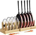 Housolution Bamboo Pot and Pan Organizer for Cabinet, 15"-29" Expandable Pot Lid Organizer with 10 Adjustable Dividers, Wooden Pan Holder Storage Rack, Fully Expanded Size 29.5" W x 8" D x 7.5" H