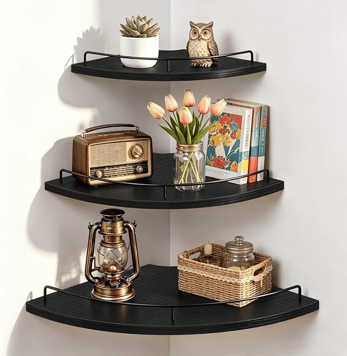 Homode 3 Tier Corner Floating Shelves, Wooden Corner Shelf Wall Mount 9/10/12 Inch with Guardrail, Rounded Hanging Corner Wall Storage Shelving for Bedroom Bathroom Kitchen Office, Black