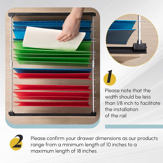 12 Pcs Metal Adjustable File Cabinet Rails Set Include 8 Hanging File Rail Clips 4 Cabinet Dividers Bars Suitable for Cabinets with Drawer Thickness Less Than 1/8 Inch (Silver,25 Inch-46 Inch)