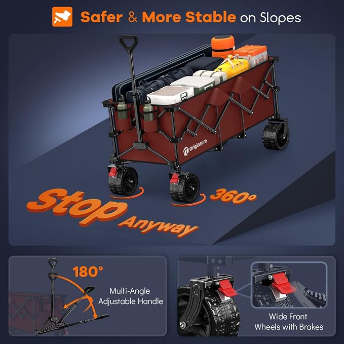 Originsure 48" L Collapsible Wagon Cart Foldable, 560lbs Weight Capacity 300L Heavy Duty Folding Beach Wagons with Big All-Terrain Wheels, Utility Carts for Groceries, Shopping, Camping, Sports-red