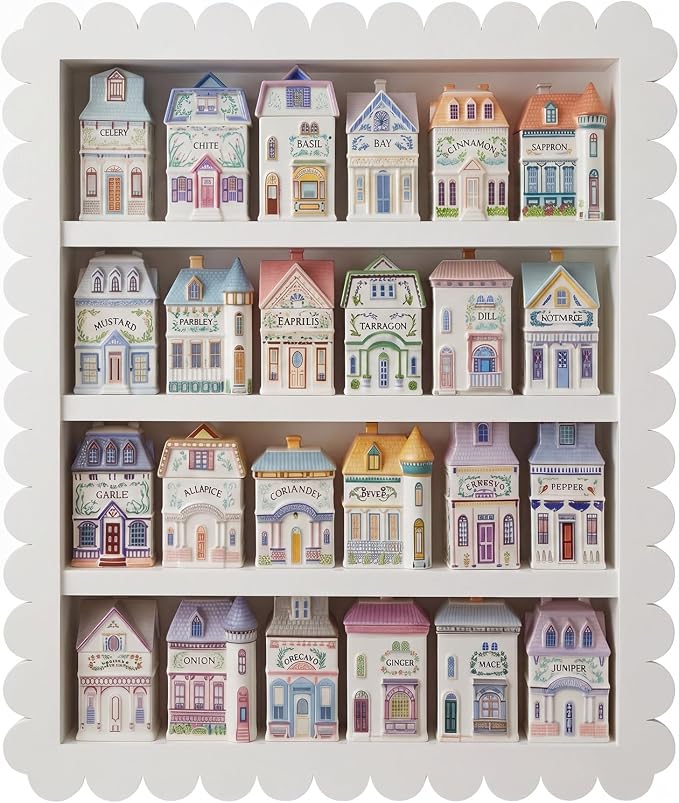 Chunful Spice Jar Wooden Rack White Scalloped Spice Shelf for 24 Jars, Village Style Wall Mounting Kitchen Storage Decorative Hanging Display Rack, Shelf Only