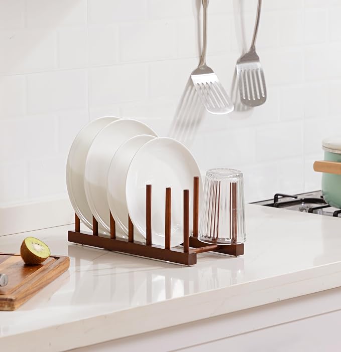 HBlife Teak Wooden Dish Drying Rack Kitchen Plate Organizer Pot Lid Holder | 6 Slots, Vertical Dish Racks for Cabinet Countertop & Wall, Plate Pot Lid Cutting Board Holder, Bowl Cup Drainer, Keep Dry
