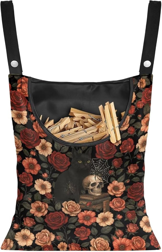 Vintage Rose Clothespin Organizer Bag Skull Clothespin Bags with Hanging Hook Waterproof Clothes Pin Storage Organizer with Large Opening Clothespins Bag for Clothesline Outdoor