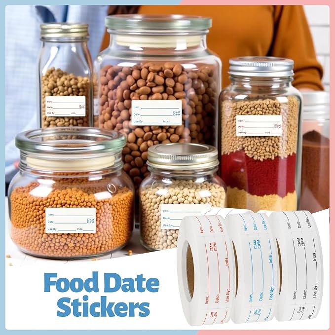 3 Rolls 1500 Pieces Removable Food Labels, 1 x 2 Inch Date Stickers for Freezer, Refrigerator Food Containers - Easy to Write