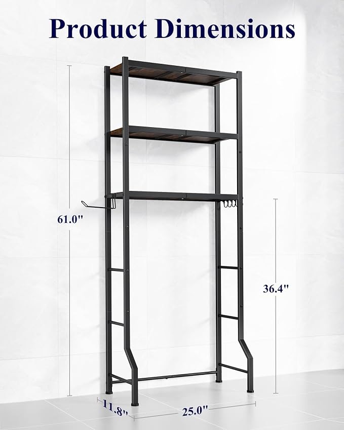 Kitsure Over The Toilet Storage Rack, 3-Tier Metal Frame | Small Bathroom, Space Saving Storage, Heavy Duty Metal Frame, Easy Assembly, Brown & Black, 61"H