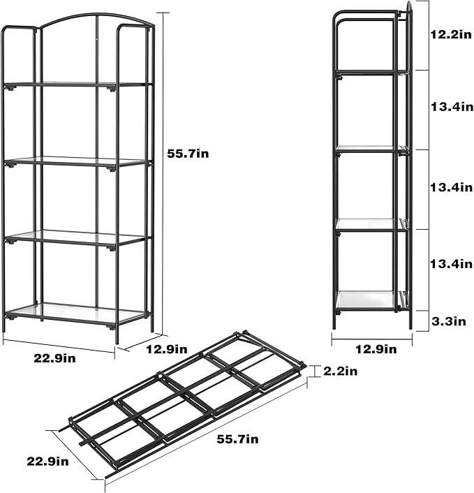 Crofy 4-Tier Foldable Bookshelf, Black Frame & Transparent Shelves | No-Assembly Collapsible Portable Storage Organizer; Sturdy Transparent Shelves; Ideal for Living Room & Home Office