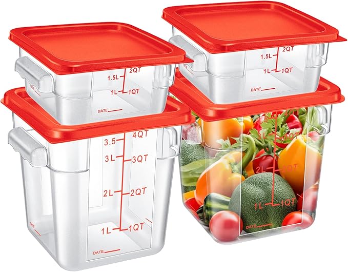 Barydat 4 Pcs Square Food Storage Containers with Lids Measurement Scales, 2qt & 4qt Clear Plastic Stackable Containers for Dough Proofing Baking Kitchen Restaurant and Pantry Organization(Red)