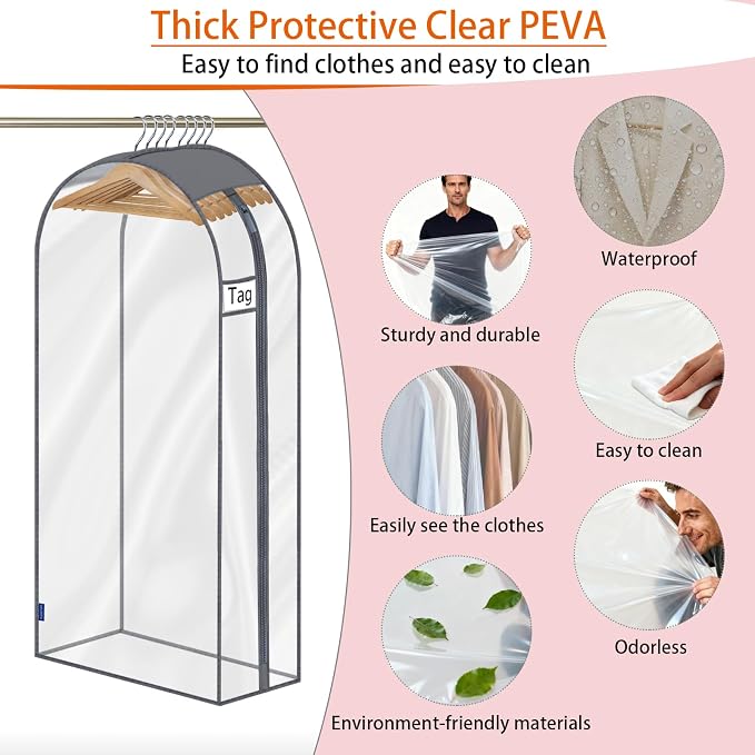 Clear Garment Bags for Hanging Clothes 10" Side Gusset, Suit Bags for Closet Storage, Suit Cover for Shirts Coats Dresses (24"X52"X10" 3Pack)
