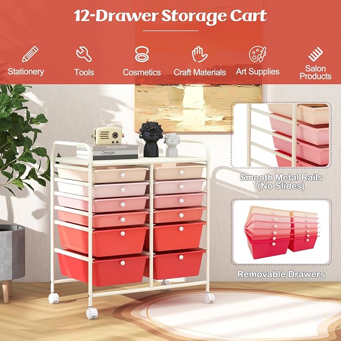 DREAMADE Mixed-pink 12-Drawer Rolling Storage Cart with Removable Drawers, Metal Frame, Polypropylene Drawers, Lockable Wheels