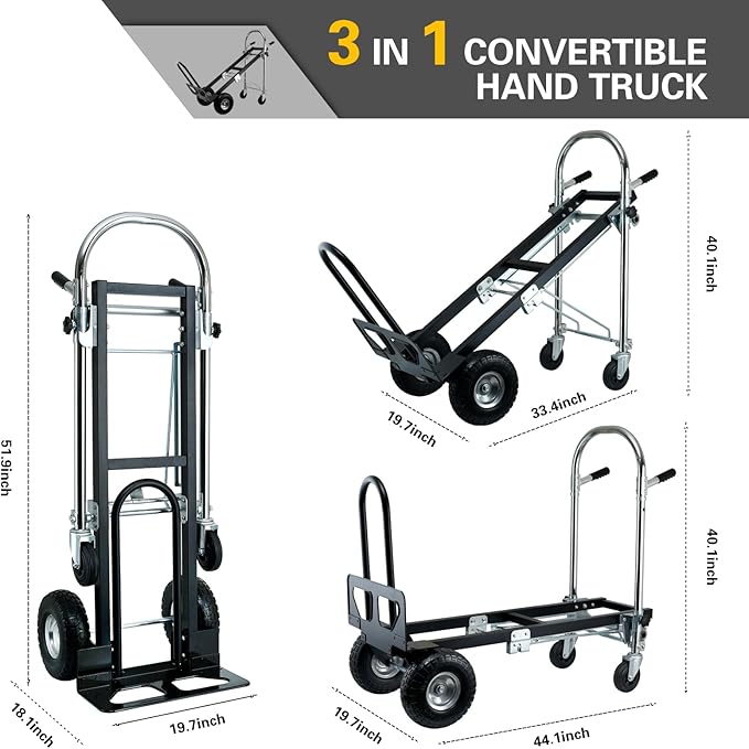 3 in 1 Folding Industrial Convertible Hand Truck,1000 LBS Capacity Aluminum Dolly,Heavy Duty Hand Truck Dolly Cart with Stair Climbing Wheels and Dual Handles for Transport,Moving (Black)