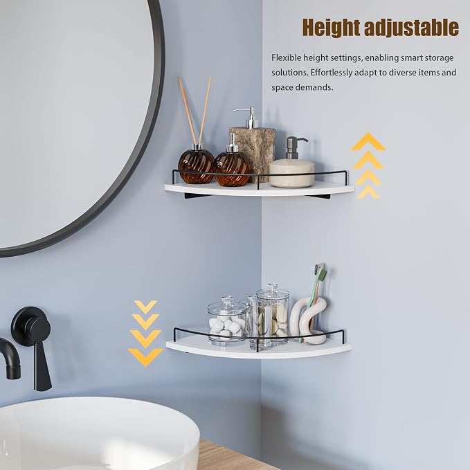 Corner Floating Shelves, Rustic Brown Wood, Set of 2, Wall Mount Storage with Guardrail for Bathroom Kitchen Living Room (White)