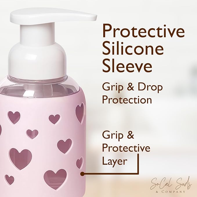 SoCal Suds & Company Foaming Hand Soap Dispenser Glass, Liquid Soap Pump with Heart Silicone Sleeve, Refillable Bottle for Kids, Baby Wash & Shampoo, Ideal for Bathroom & Kitchen Use, Soft Pink, 8oz