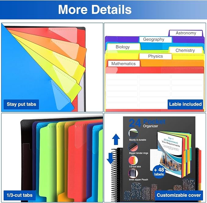 Forvencer 24 Pocket Project Organizer, 1/3-cut Tab Binder Organizer with Sticky Labels, Multi Pocket Folder with Zipper Pouch, Folder Binder Spiral Pocket Notebook, Office Supplies, Letter Size, Green