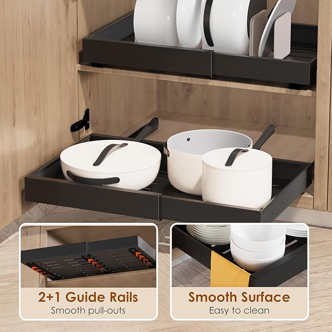 2 Pack Expandable Pull Out Cabinet Organizer 21" Deep, Adjustable Width 12.6"-20.5", No Drill Adhesive with Triple Track Rails, Heavy Duty Slide Out Drawers for Kitchen, Pantry, Cabinets,Black