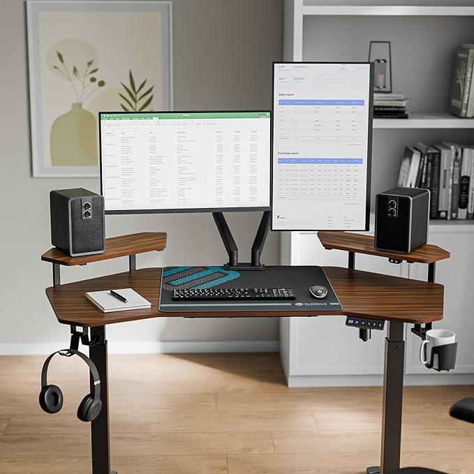 EUREKA ERGONOMIC Aero 55 Inch W Shaped Electric Standing Desk, Height Adjustable Computer Gaming Desk with LED Monitor Shelf, Mouse Pad, Headphone Hook, Cup Holder, Dark Walnut