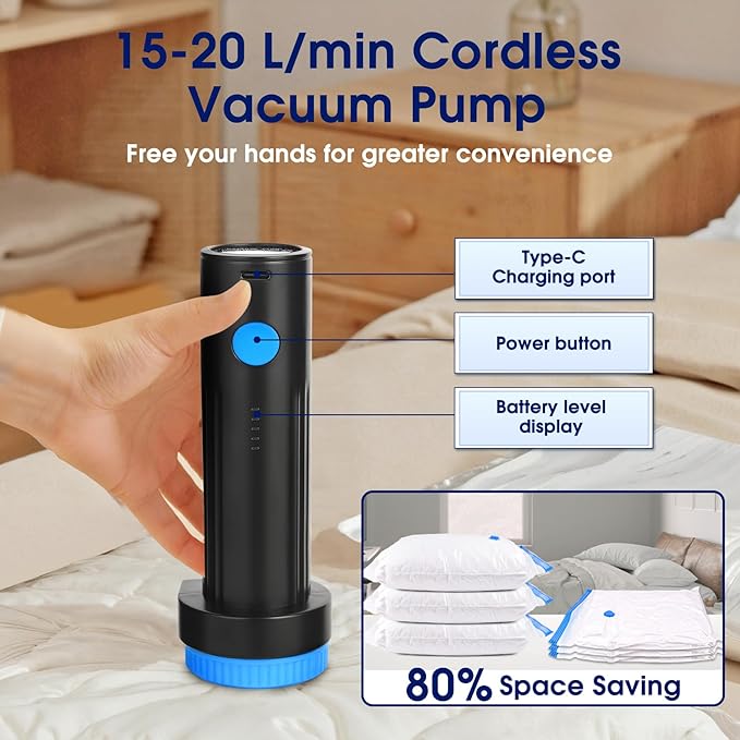 6.0Kpa Cordless Electric Vacuum Pump for Storage Bags, USB Rechargeable Portable Vacuum Sealer for Travel Air Pump Compression Bag Pumps for Clothes Blankets Bedding, Blue Black (No bags)