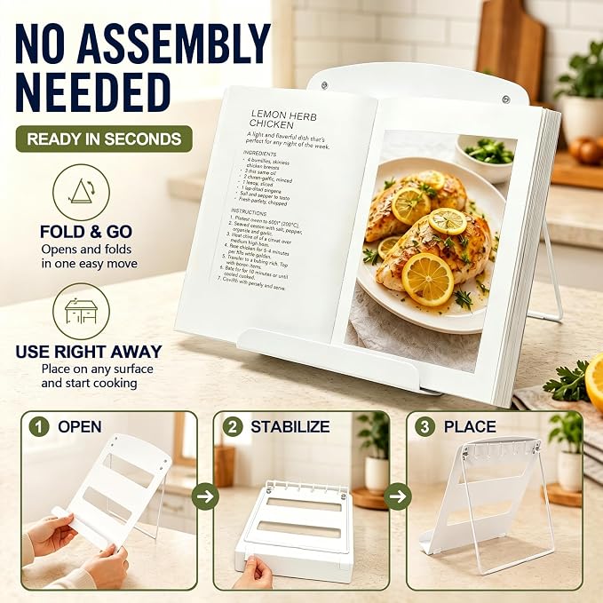 Cookbook Stand for Kitchen Counter,Metal Recipe Book Holder with Hooks,Foldable Reading Rack for Textbooks,Tablets and Magazines,Space Saving Carbon Steel Stand with Non Slip Pads,White