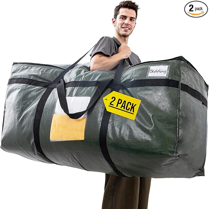 TAILI 69 Gallon Extra Large Storage Bags, XXL Green Heavy Duty Moving Bags For Storage with Visible Window, Wrap Around Handles, Totes for Space Saving, Alternative to Moving Boxes (2 Pack)
